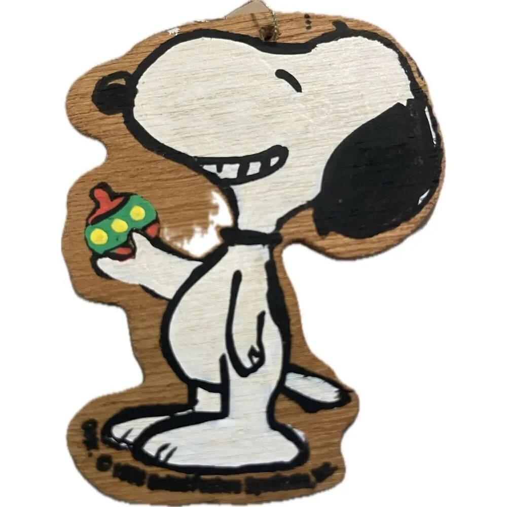 Vtg Snoopy Handpainted‎ Both Sides Wood Christmas Hanging Ornament Brown White
